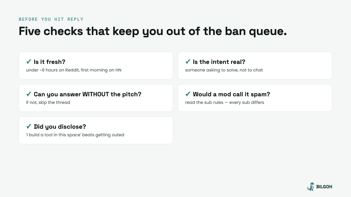 Five checks before replying to a community thread: freshness, real intent, ability to answer without the pitch, subreddit rules, and disclosure