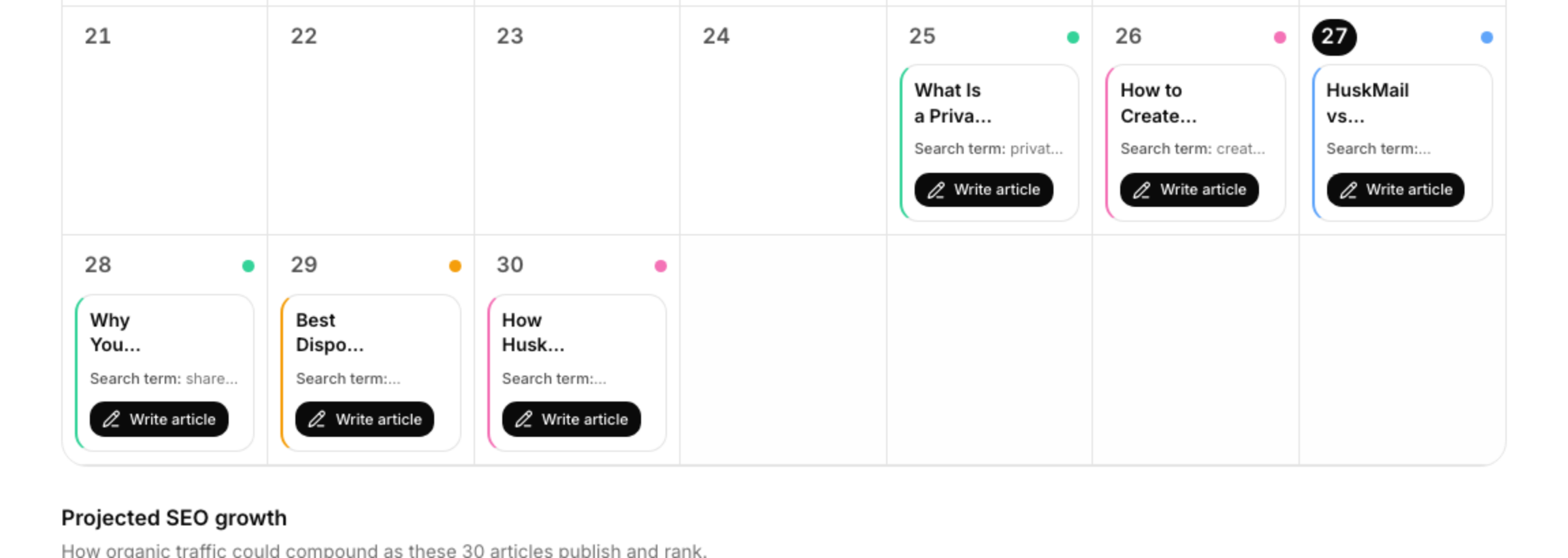 Bilgoh AutoSEO content calendar with real generated articles, each ready to write